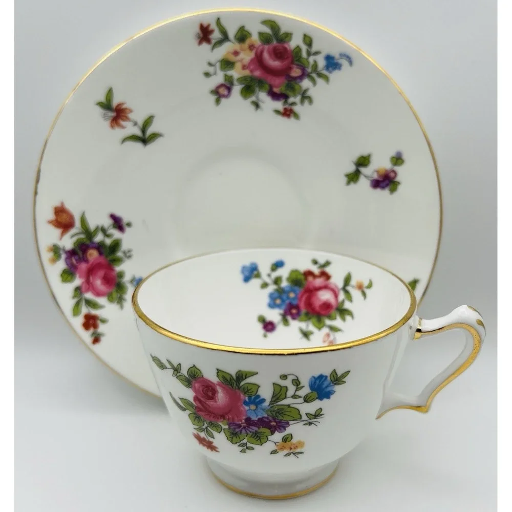 Crown Staffordshire Bone China Teacup Saucer Set Gold Pink Rose Floral England